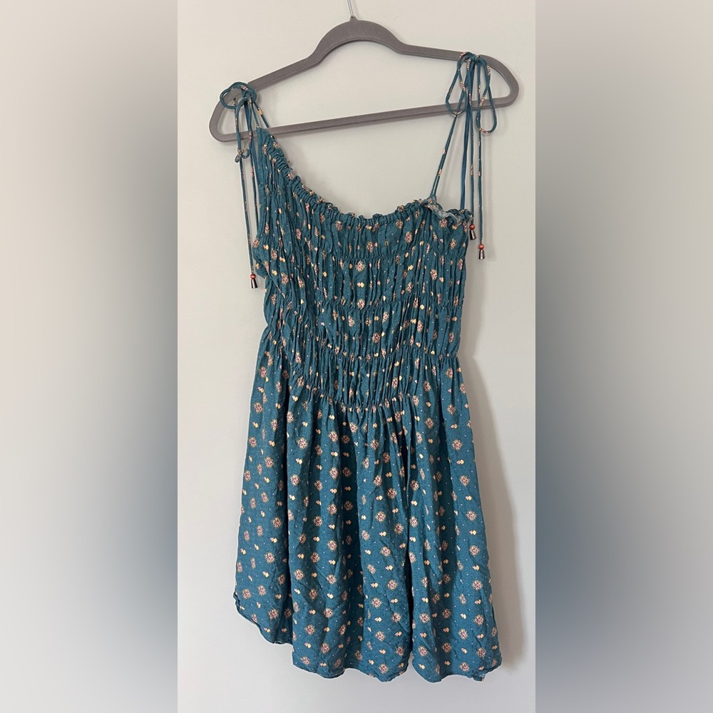 Free People Clementina Ruched Asymmetrical Floral Mini Dress Teal Size XS fits M - Picture 8 of 11